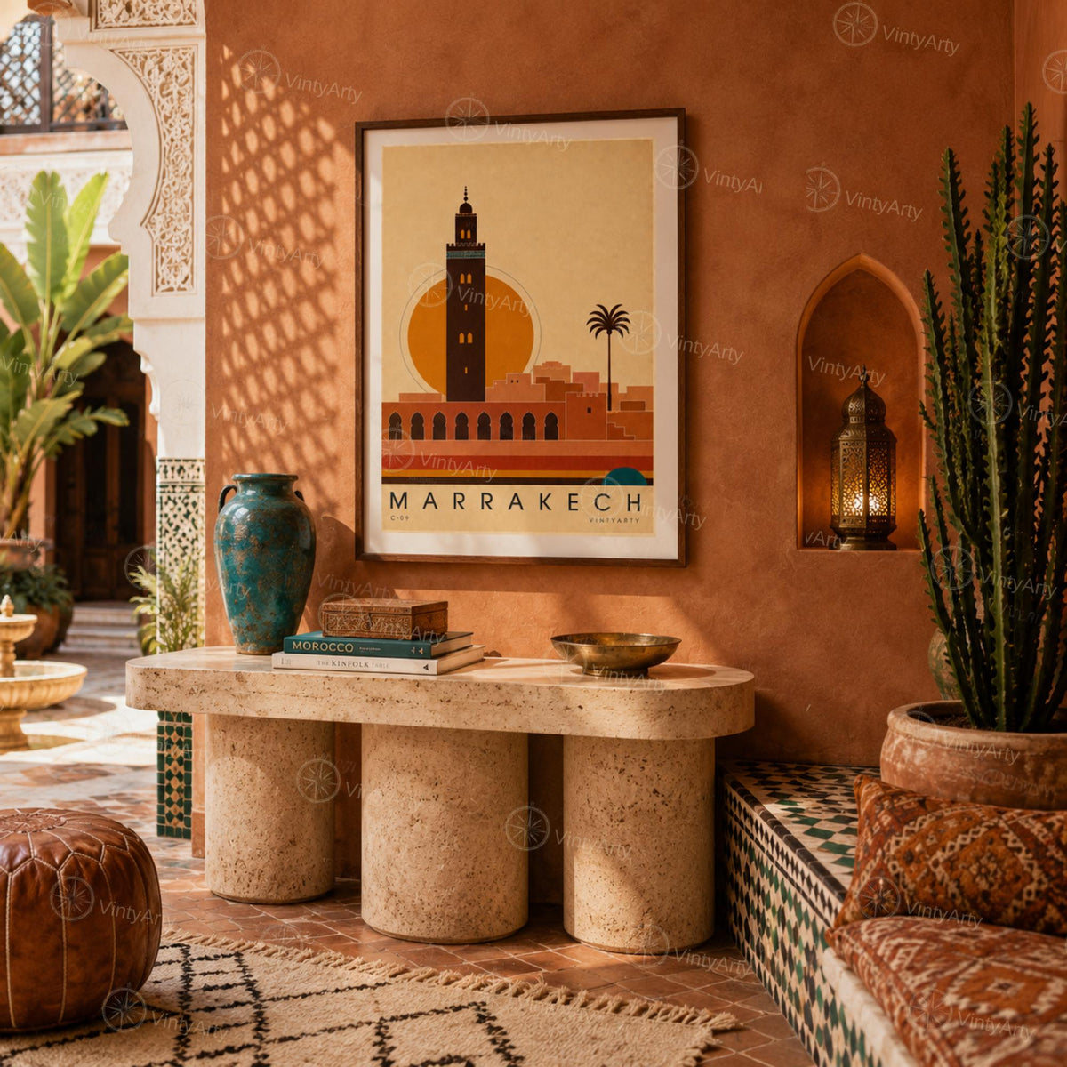 Affiche Marrakech, le minaret de la Koutoubia au soleil couchant, illustration mid-century
