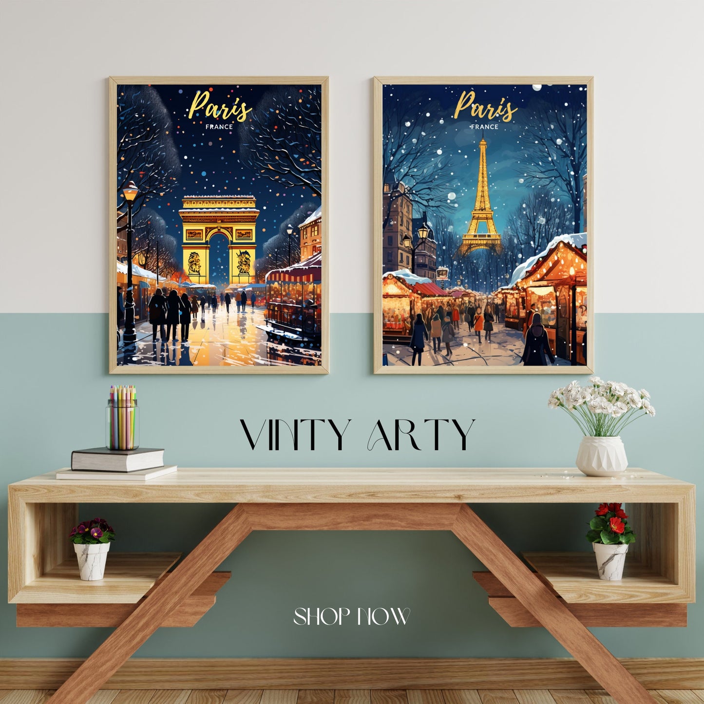 Affiche Paris | Affiche de voyage Paris Noël | Affiche Marché de Noël de Paris | tirage d'art Paris Tour Eiffel, France