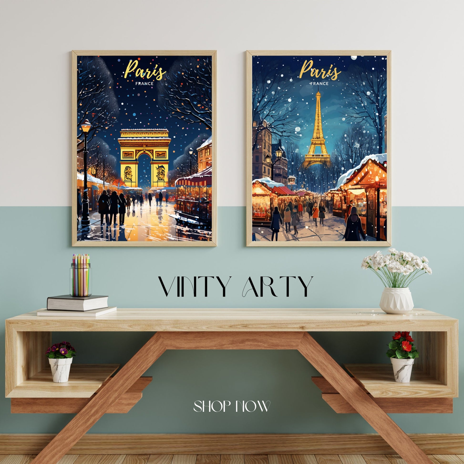 Affiche Paris | Affiche de voyage Paris Noël | Affiche Marché de Noël de Paris | tirage d'art Paris Tour Eiffel, France