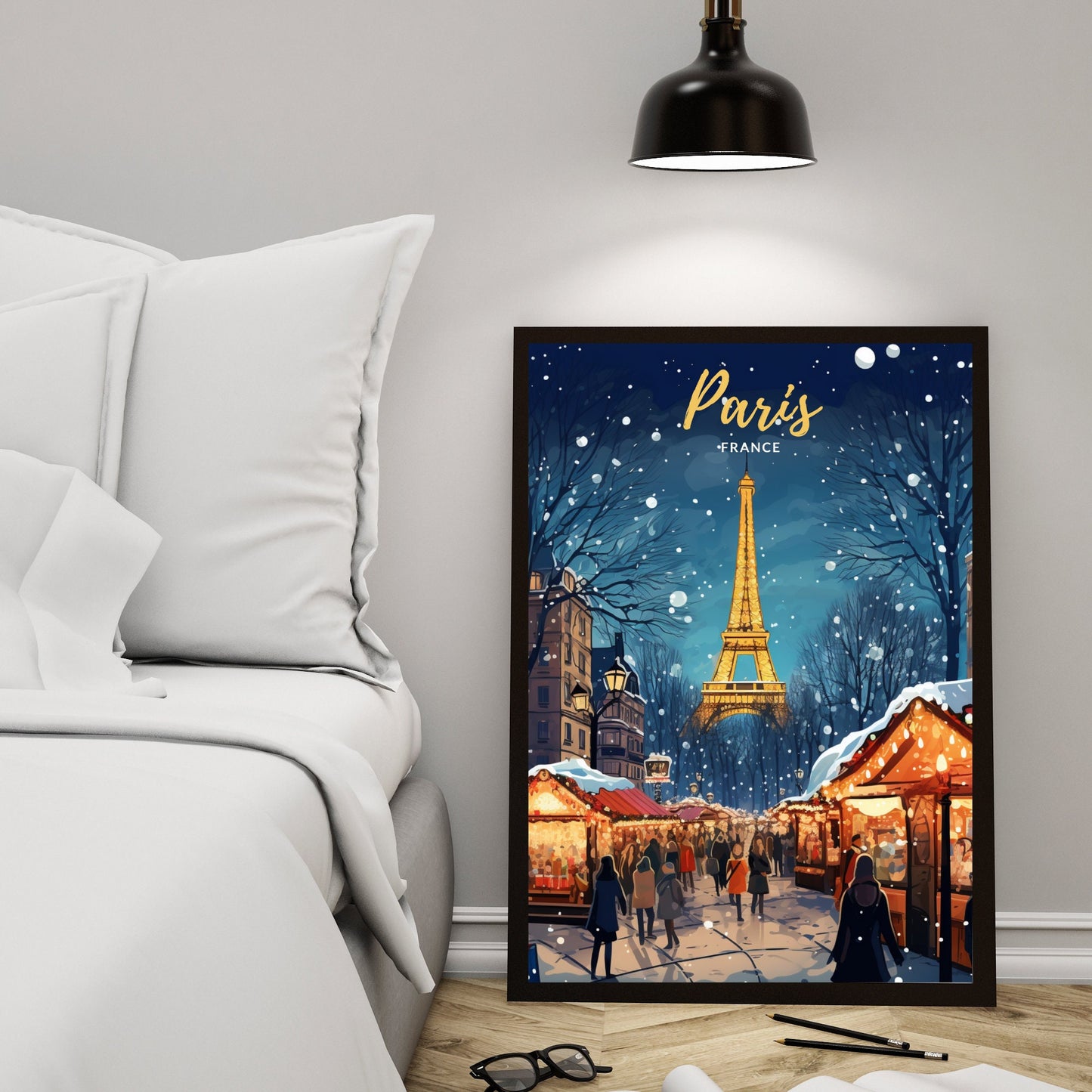 Affiche Paris | Affiche de voyage Paris Noël | Affiche Marché de Noël de Paris | tirage d'art Paris Tour Eiffel, France