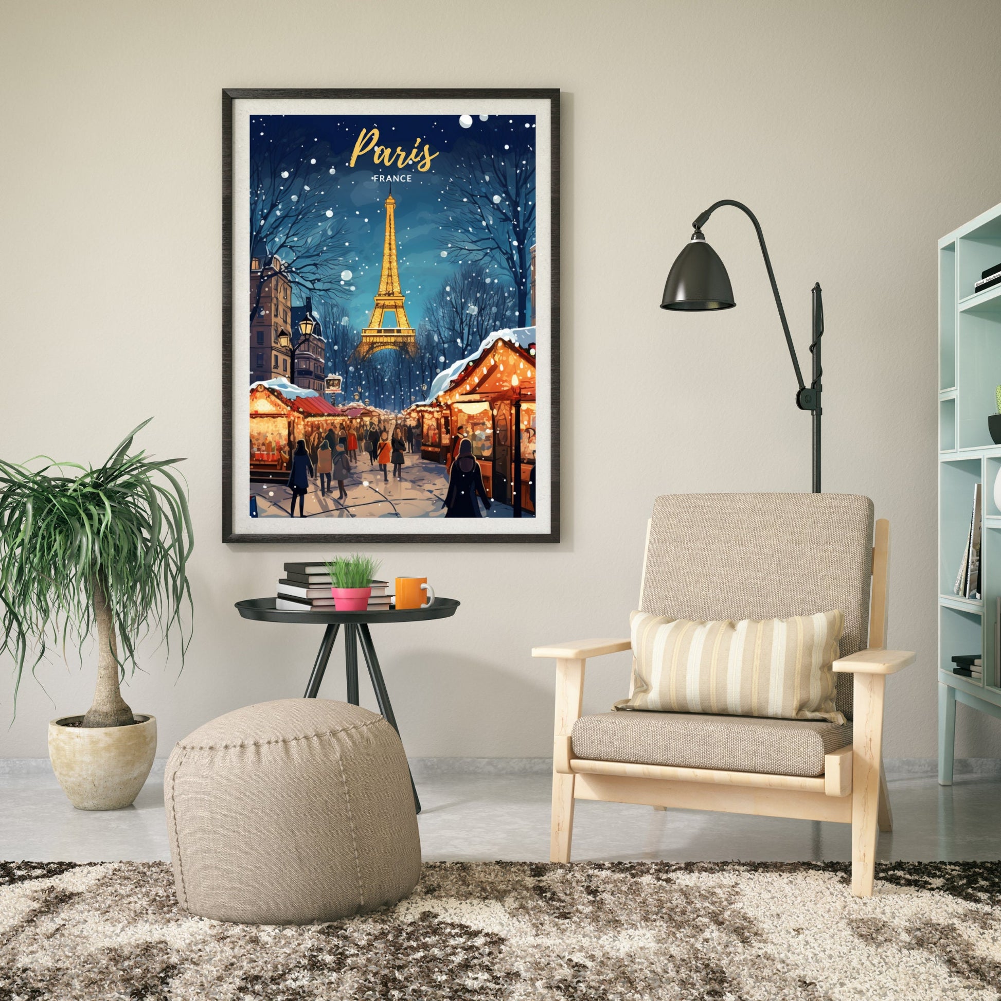 Affiche Paris | Affiche de voyage Paris Noël | Affiche Marché de Noël de Paris | tirage d'art Paris Tour Eiffel, France