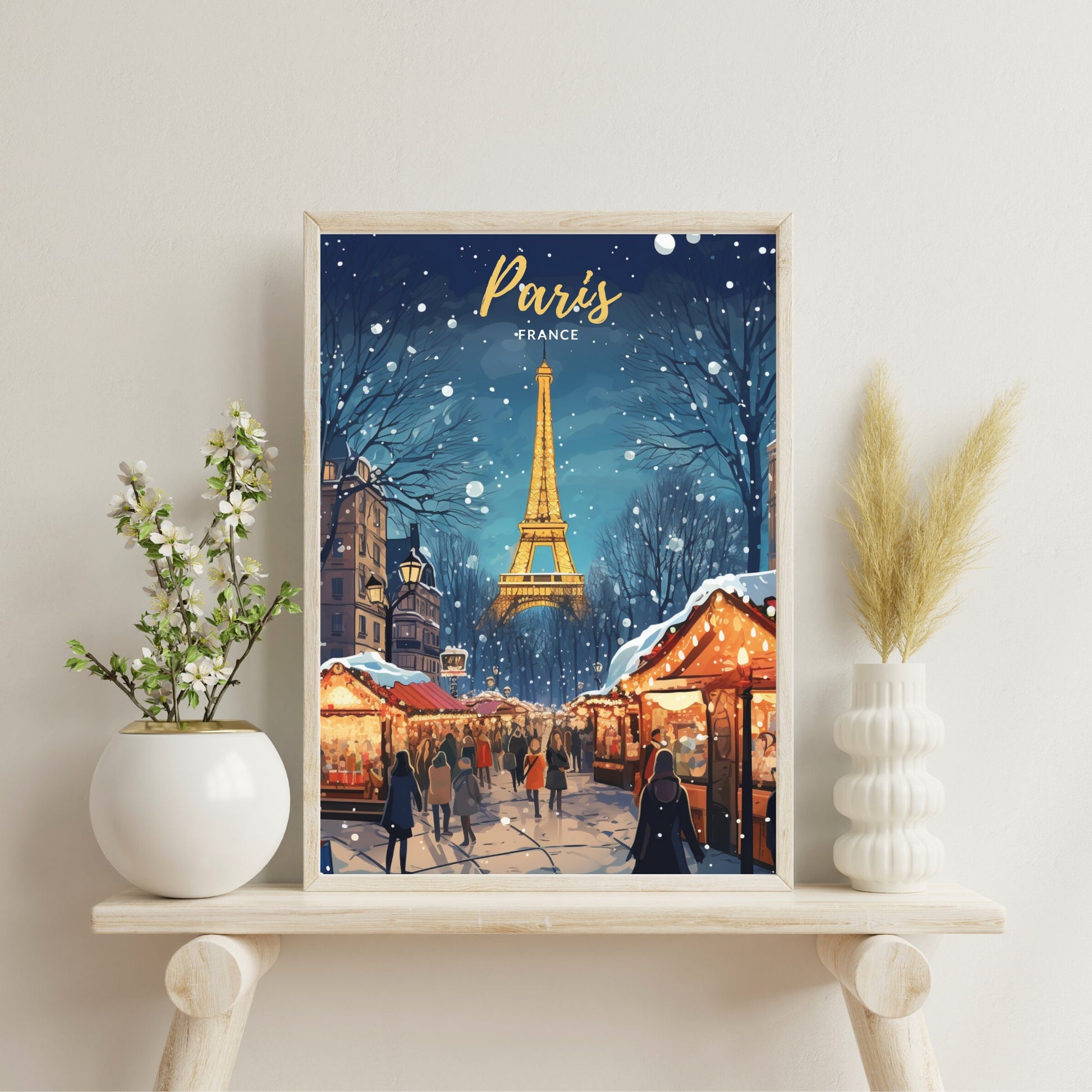 Affiche Paris | Affiche de voyage Paris Noël | Affiche Marché de Noël de Paris | tirage d'art Paris Tour Eiffel, France