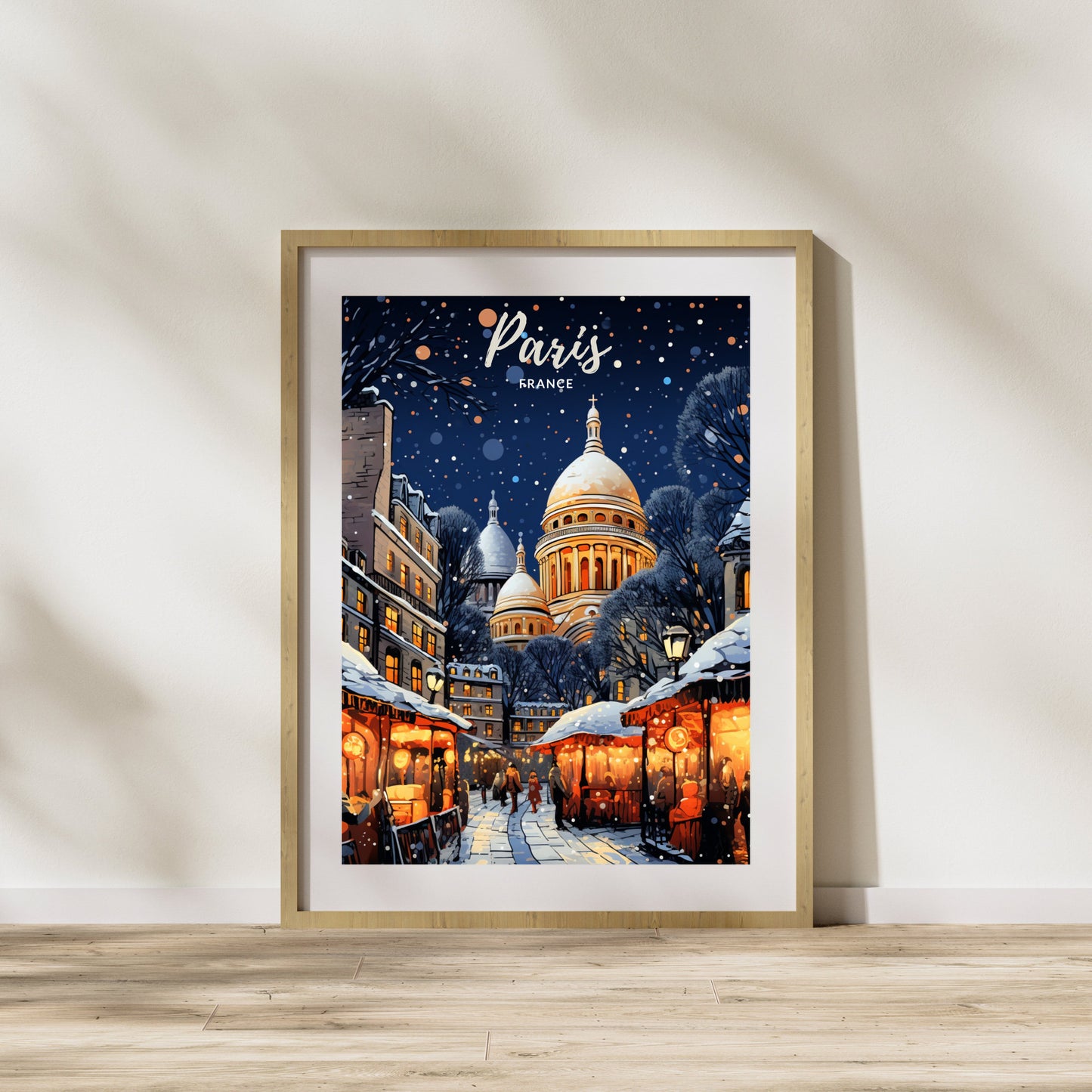 Affiche Montmartre, Paris | Affiche de voyage Paris Noël | Affiche Marché de Noël de Paris | tirage d'art Paris