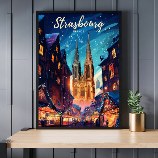 Affiche Strasbourg | Affiche de voyage Strasbourg Noël | Affiche Marché de Noël de Strasbourg | Cathédrale de Strasbourg
