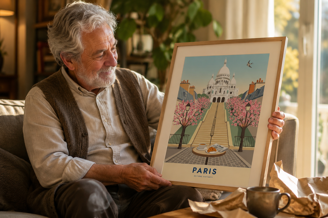 Affiche illustrée pour la fête des grands-pères 2026, idée cadeau VintyArty