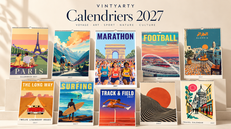 Collection de calendriers muraux 2027 VintyArty : Paris, marathon, cyclisme, football, Algérie, voyages et art graphique