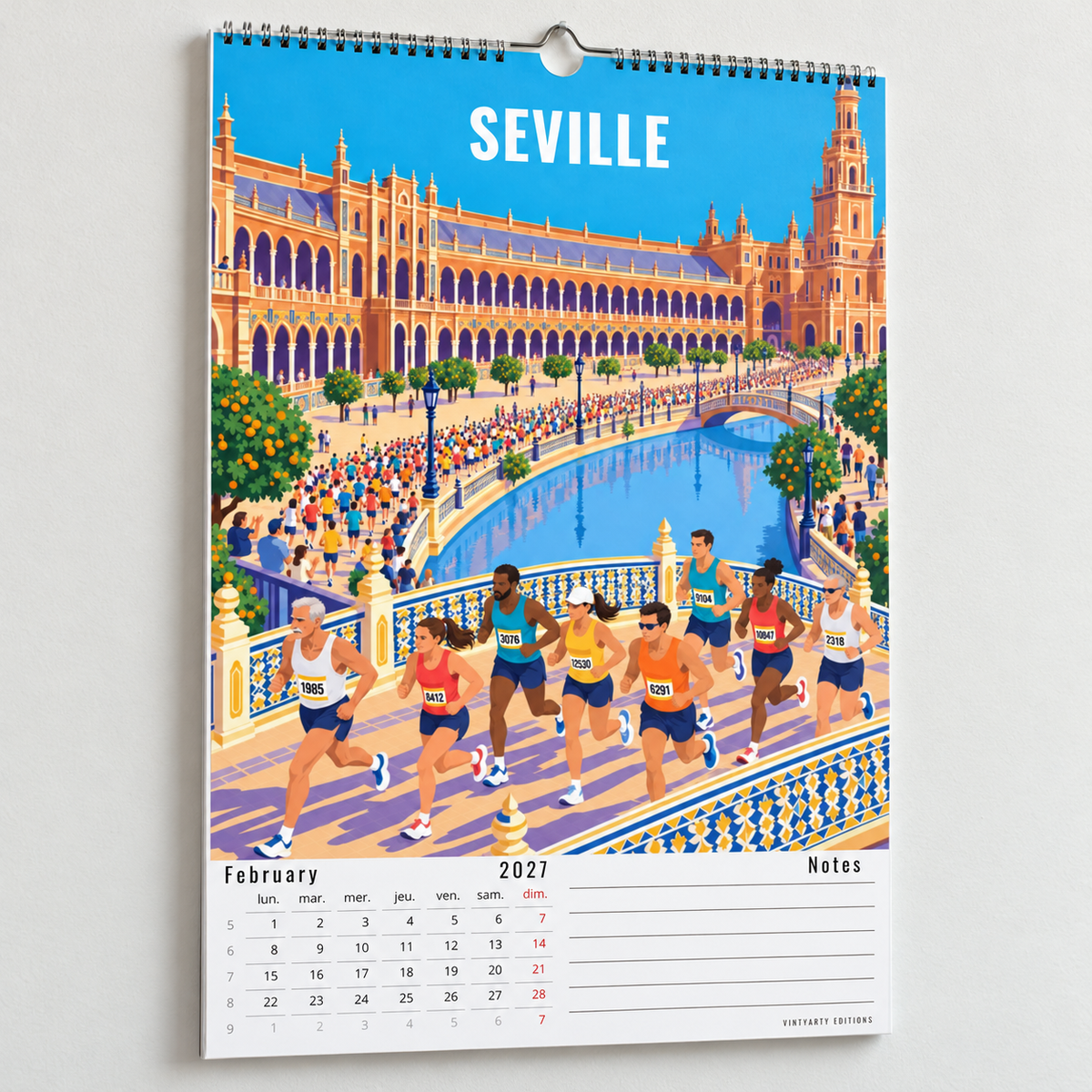 Page février du calendrier Marathon 2027 illustrant des coureurs devant la Plaza de España à Séville