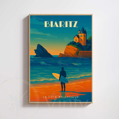 Affiche Biarritz – La Côte Atlantique | Illustration Surf &amp; Océan | Poster Vintage Côte Basque