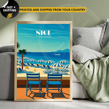 Affiche Nice | Impression Nice | Affiche de voyage France | Plage et chaise bleue