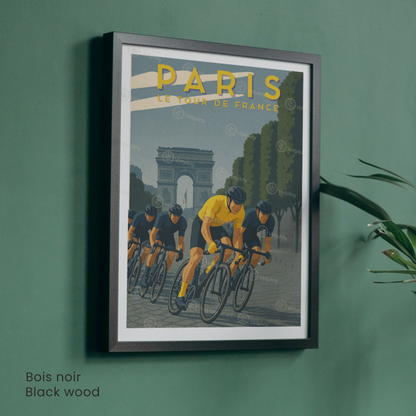 Affiche Tour de France Paris – Poster cyclisme Arc de Triomphe – Illustration rétro maillot jaune vélo
