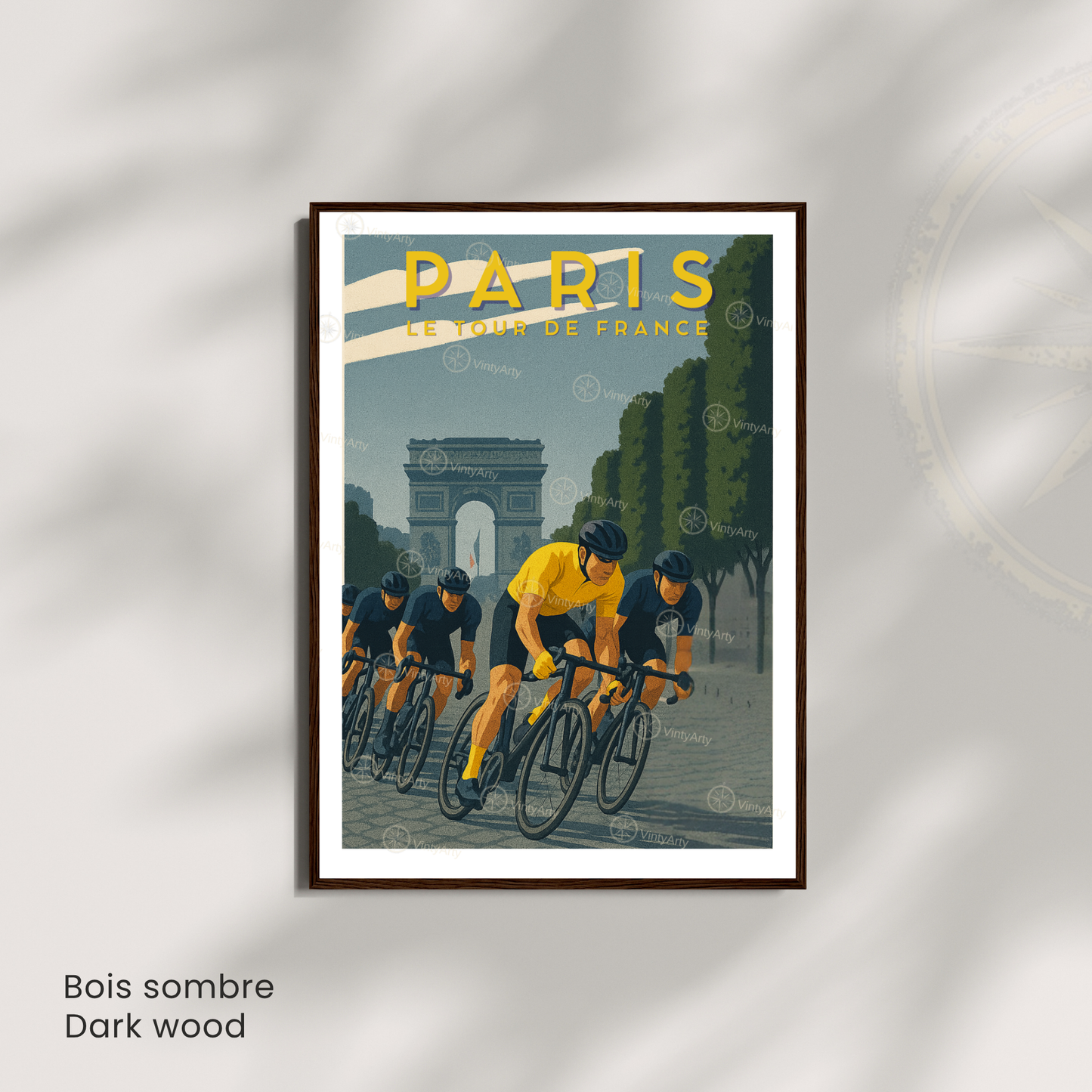 Affiche Tour de France Paris – Poster cyclisme Arc de Triomphe – Illustration rétro maillot jaune vélo