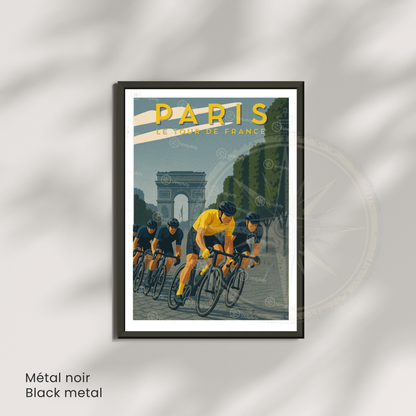 Affiche Tour de France Paris – Poster cyclisme Arc de Triomphe – Illustration rétro maillot jaune vélo
