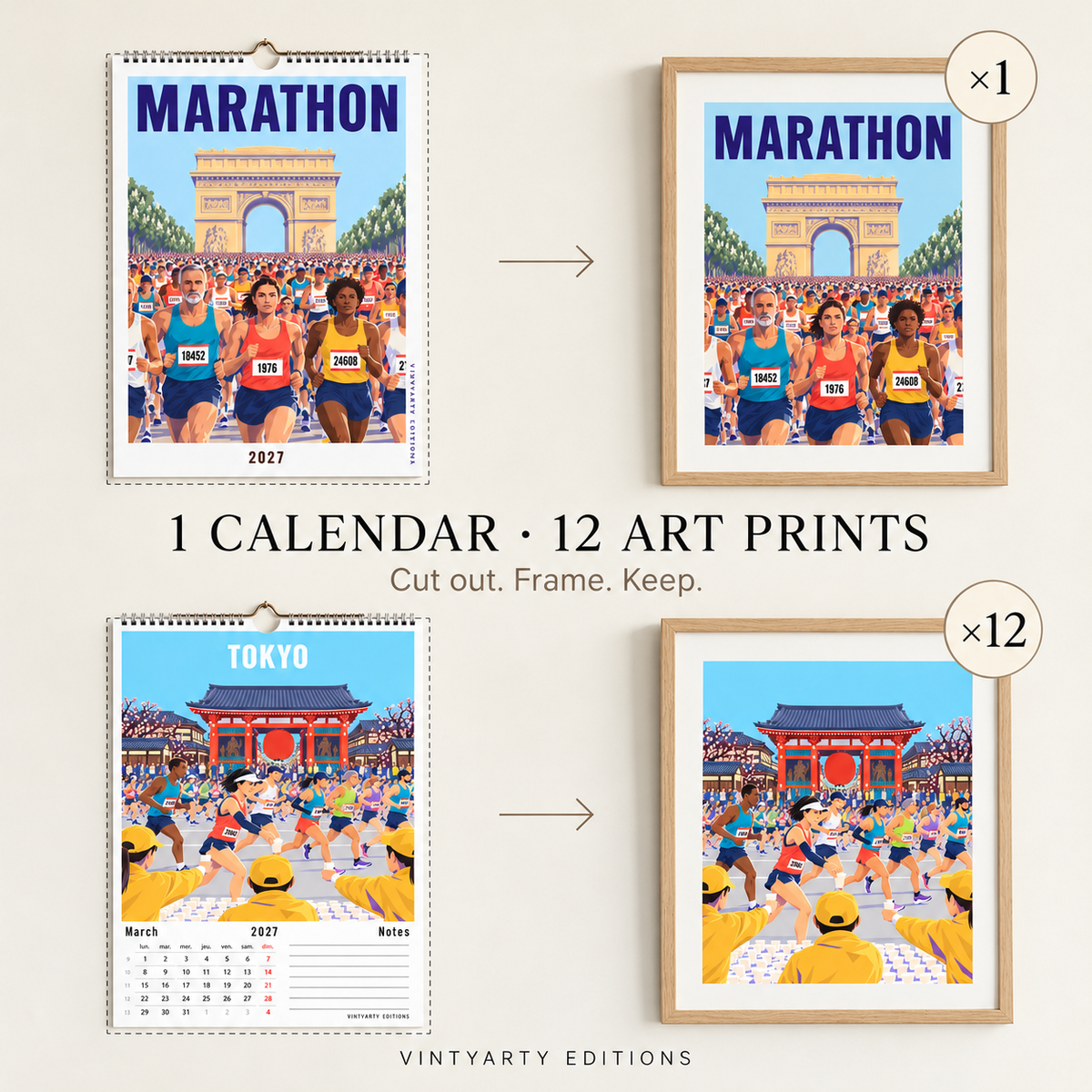 Calendrier Marathon 2027 avec illustrations Paris et Tokyo présentées dans des cadres en bois