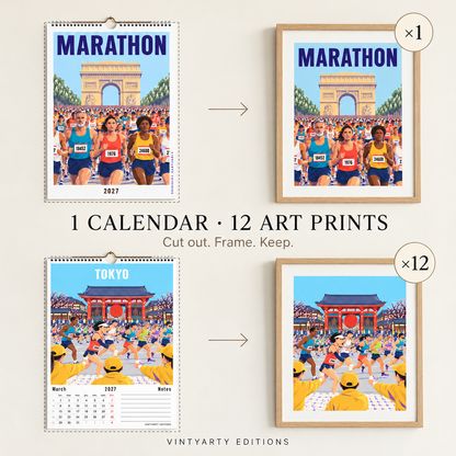 Calendrier Marathon 2027 avec illustrations Paris et Tokyo présentées dans des cadres en bois