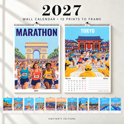 Calendrier mural Marathon 2027 VintyArty avec couverture Paris, page Tokyo et aperçu des 12 illustrations