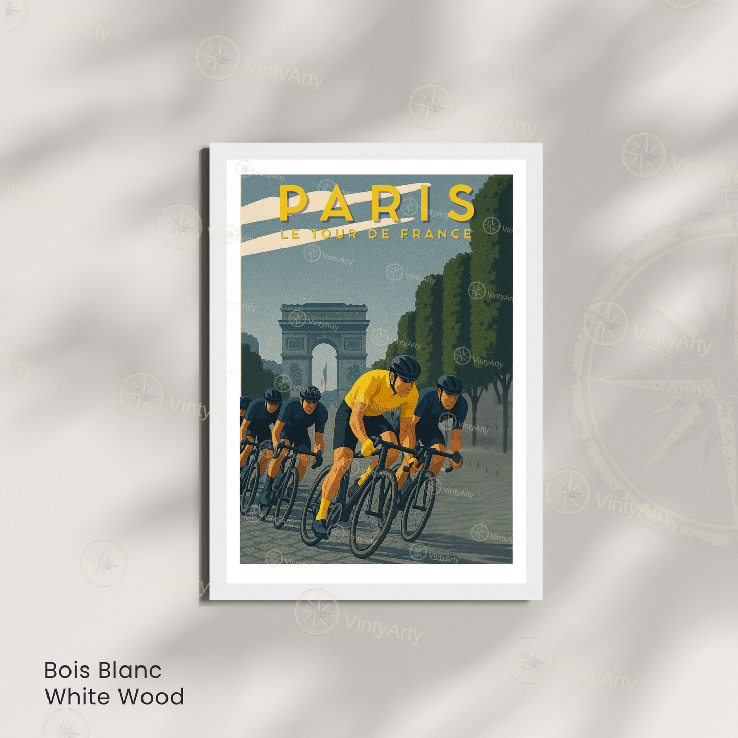 Affiche Tour de France Paris – Poster cyclisme Arc de Triomphe – Illustration rétro maillot jaune vélo