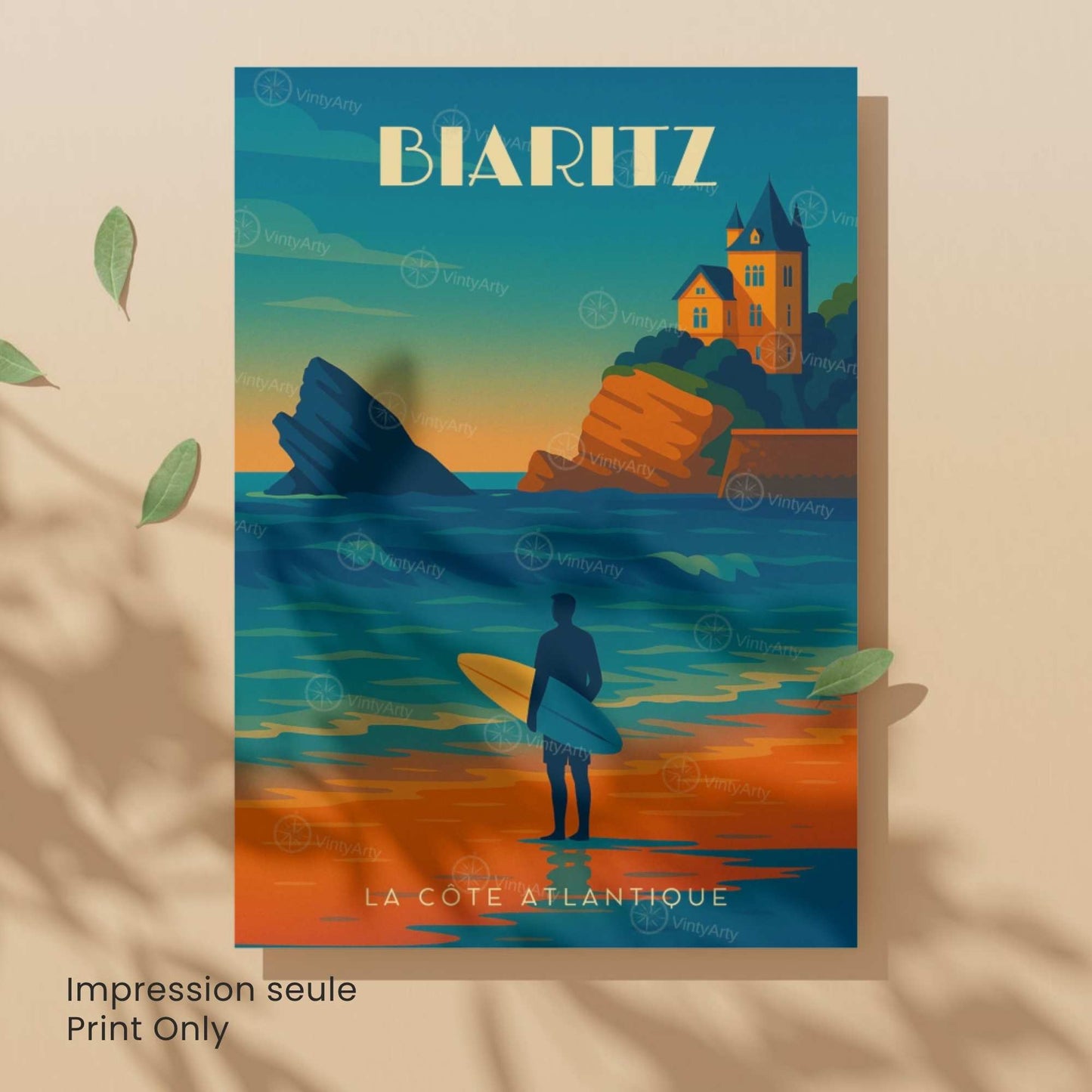 Affiche Biarritz – La Côte Atlantique | Illustration Surf &amp; Océan | Poster Vintage Côte Basque