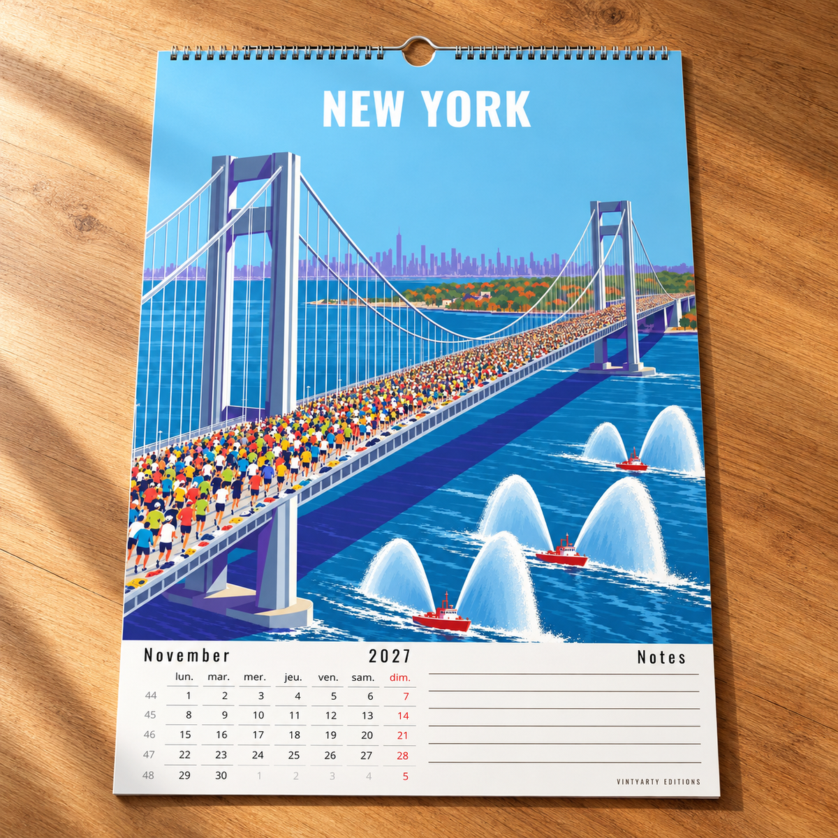 Page novembre du calendrier Marathon 2027 illustrant des coureurs sur un pont suspendu à New York