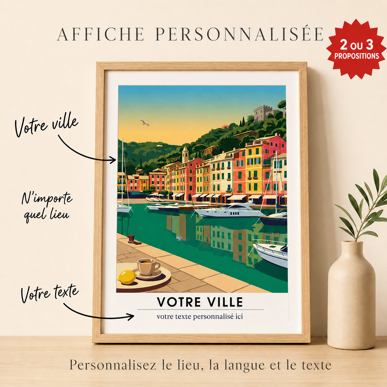 Affiche personnalisée illustrée, exemple voyage avec ville et texte au choix