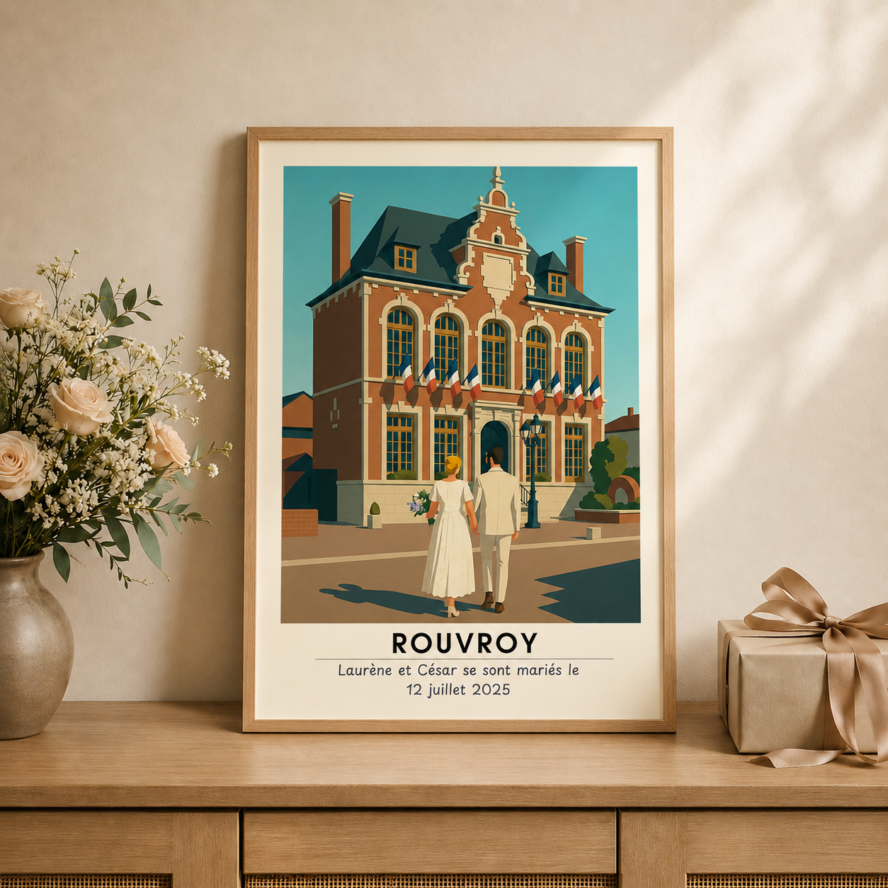 Affiche famille personnalisée mariage à Rouvroy, couple illustré devant la mairie
