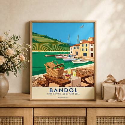 Affiche de voyage personnalisée Bandol, cadre chêne, prénoms et date des mariés