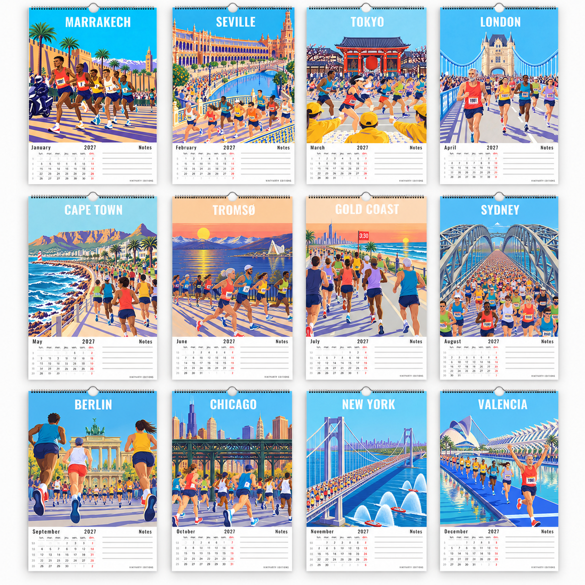 Les douze illustrations du calendrier Marathon 2027, de Marrakech à Valence