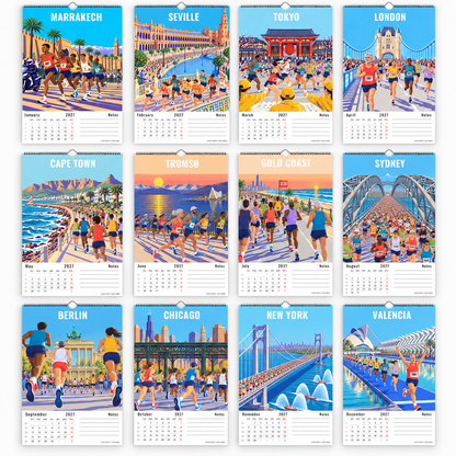 Les douze illustrations du calendrier Marathon 2027, de Marrakech à Valence