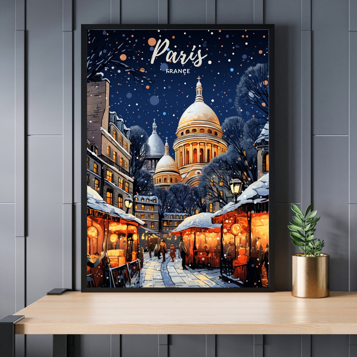 Affiche Montmartre, Paris | Affiche de voyage Paris Noël | Affiche Marché de Noël de Paris | tirage d'art Paris