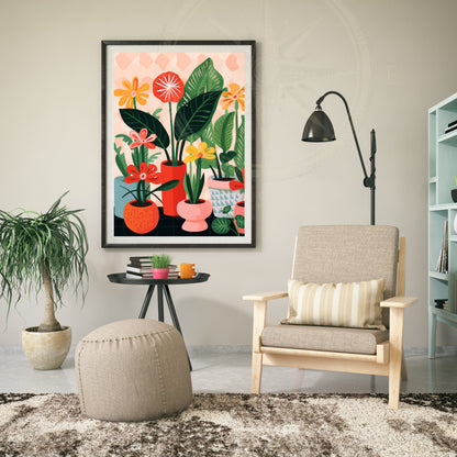 Impression Plantes | Affiche géométrique colorée de plantes | Vases et plantes