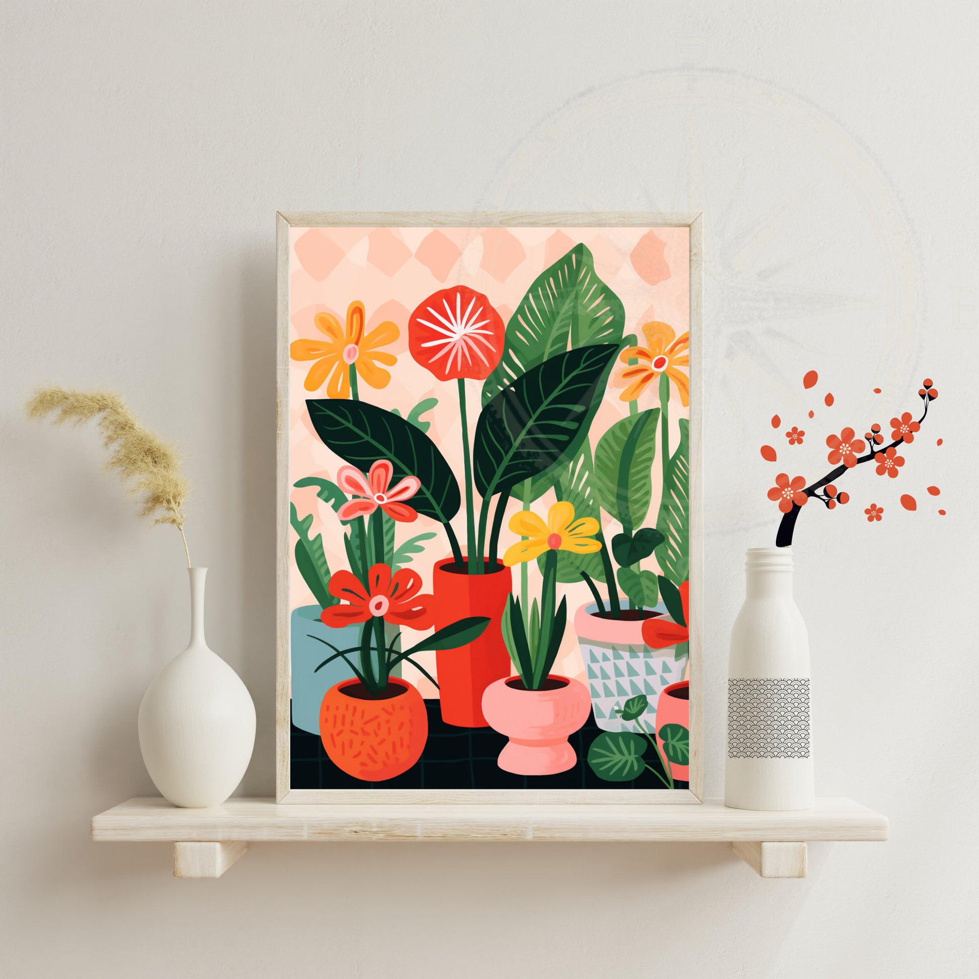 Impression Plantes | Affiche géométrique colorée de plantes | Vases et plantes