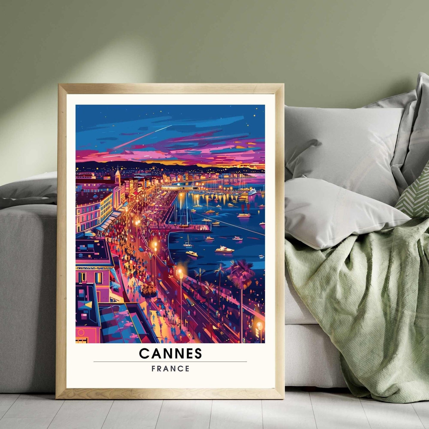 Affiche Cannes | Impression Cannes La nuit | affiche de voyage Cannes, France | Affiche Côte d'Azur - Vue sur le port