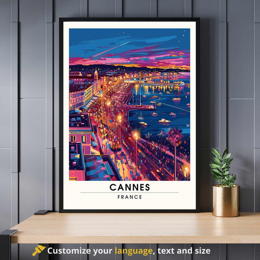 Affiche Cannes | Impression Cannes La nuit | affiche de voyage Cannes, France | Affiche Côte d'Azur - Vue sur le port