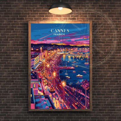 Affiche Cannes | Impression Cannes La nuit | affiche de voyage Cannes, France | Affiche Côte d'Azur - Vue sur le port