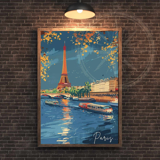 Impression Paris | Affiche de Voyage Paris | Impression de Voyage Paris, France | Tour Eiffel depuis la seine