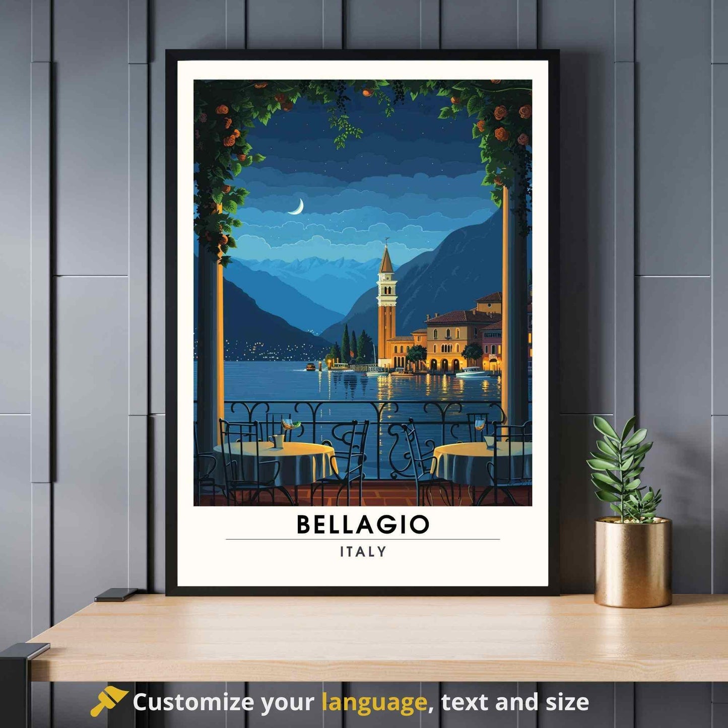 Affiche Bellagio | Impression Bellagio, italie | Voyage nocturne au Lac de Côme