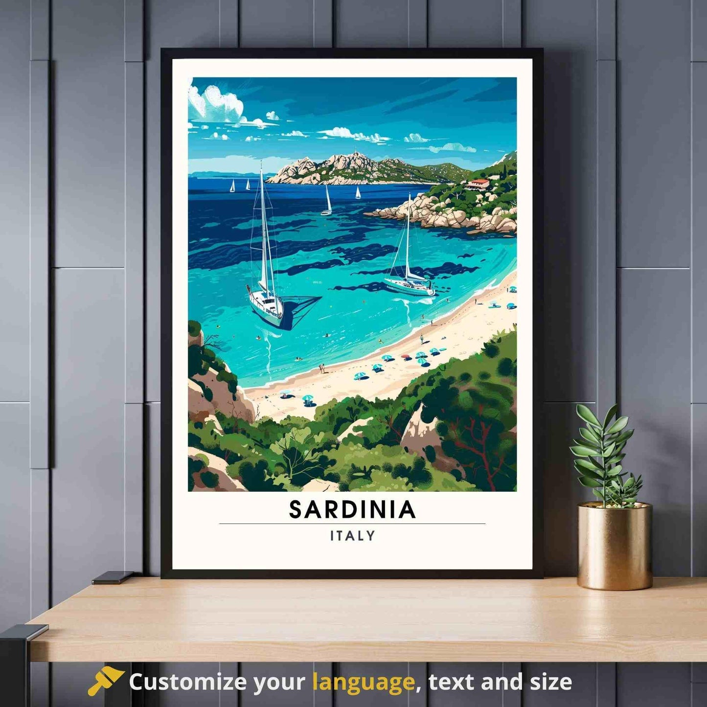 Affiche Sardaigne | Impression Sardaigne, Italie | Affiche de voyage Italie - Vue sur la plage