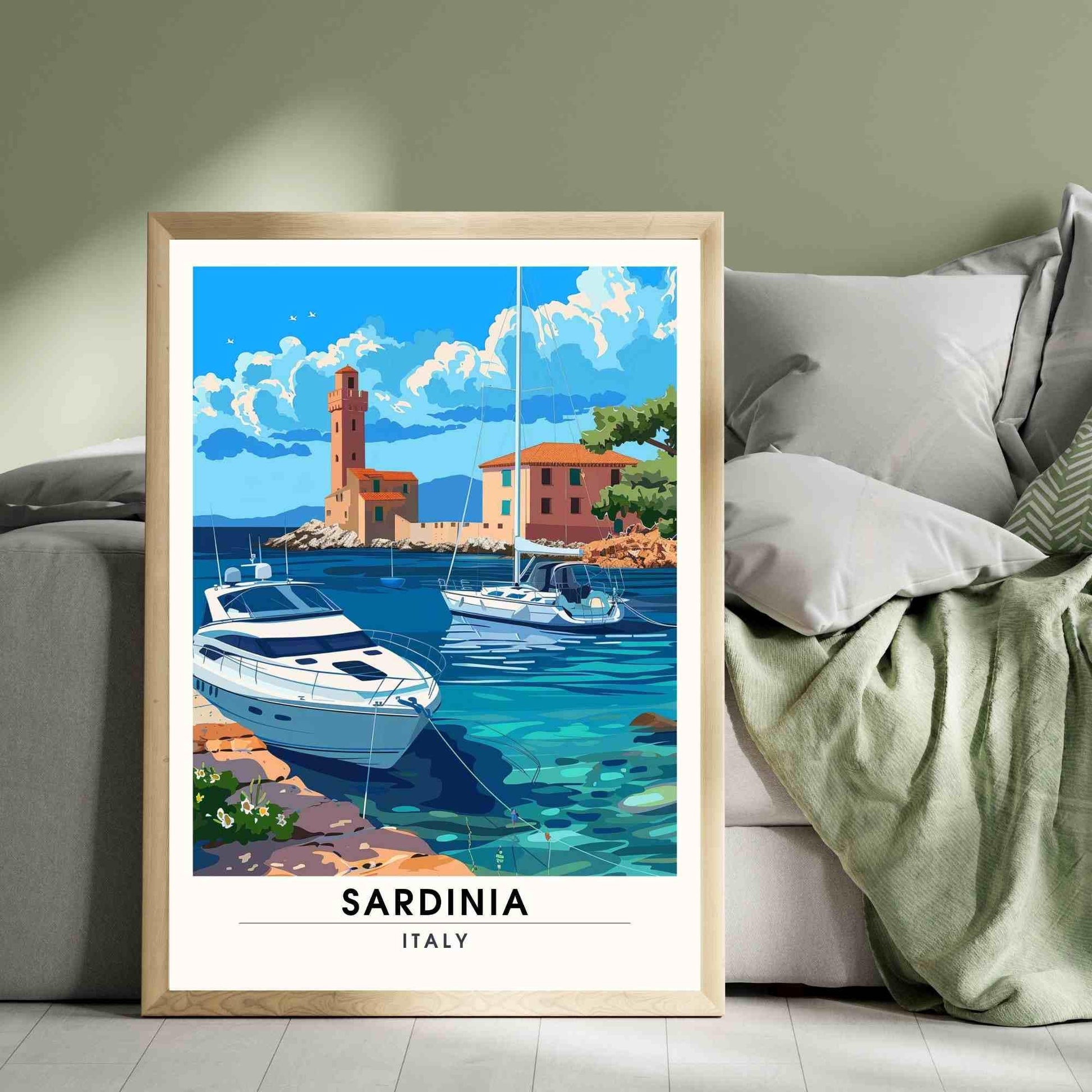 Affiche Sardaigne | Impression Sardaigne, Italie | Affiche de voyage Italie - Vue sur le port