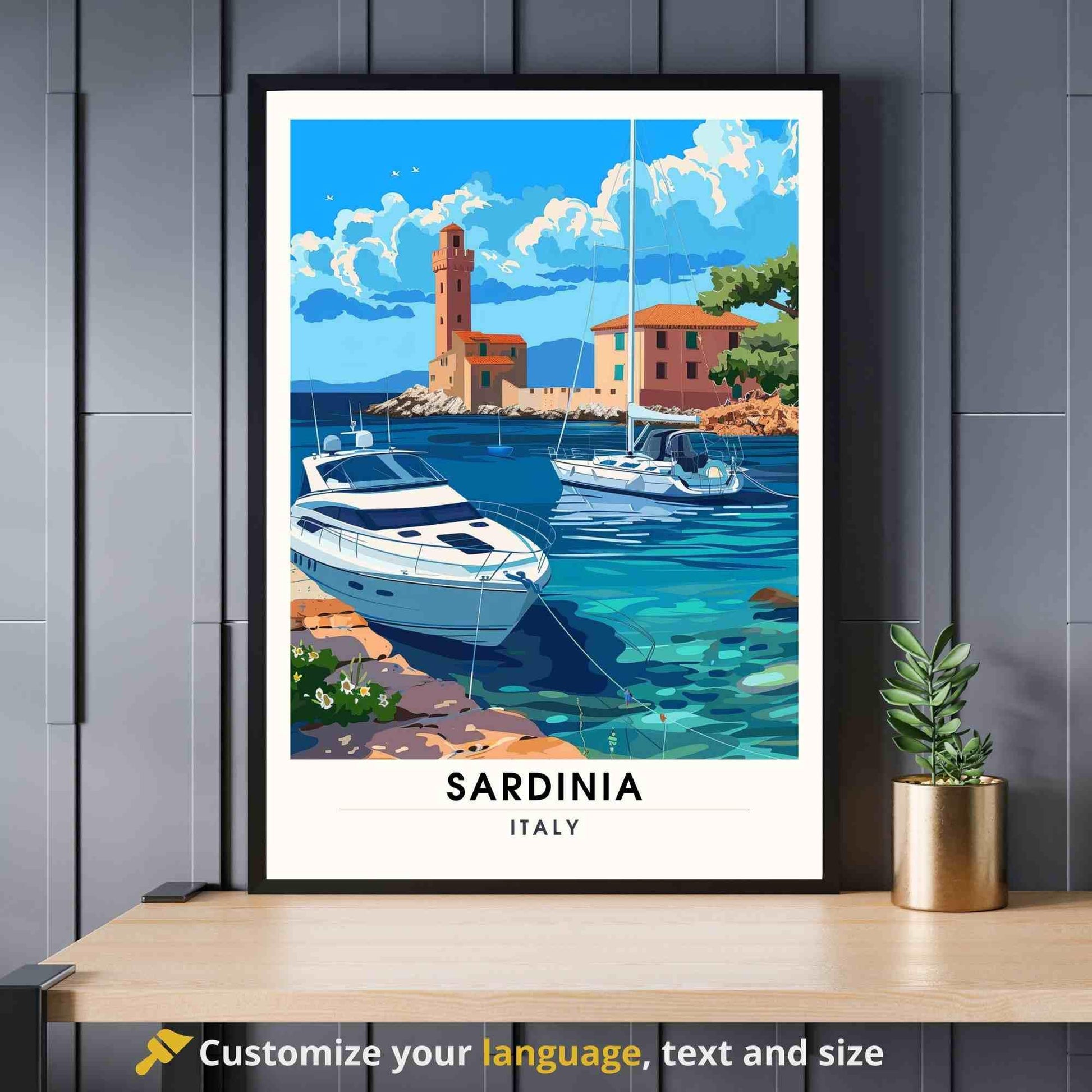 Affiche Sardaigne | Impression Sardaigne, Italie | Affiche de voyage Italie - Vue sur le port