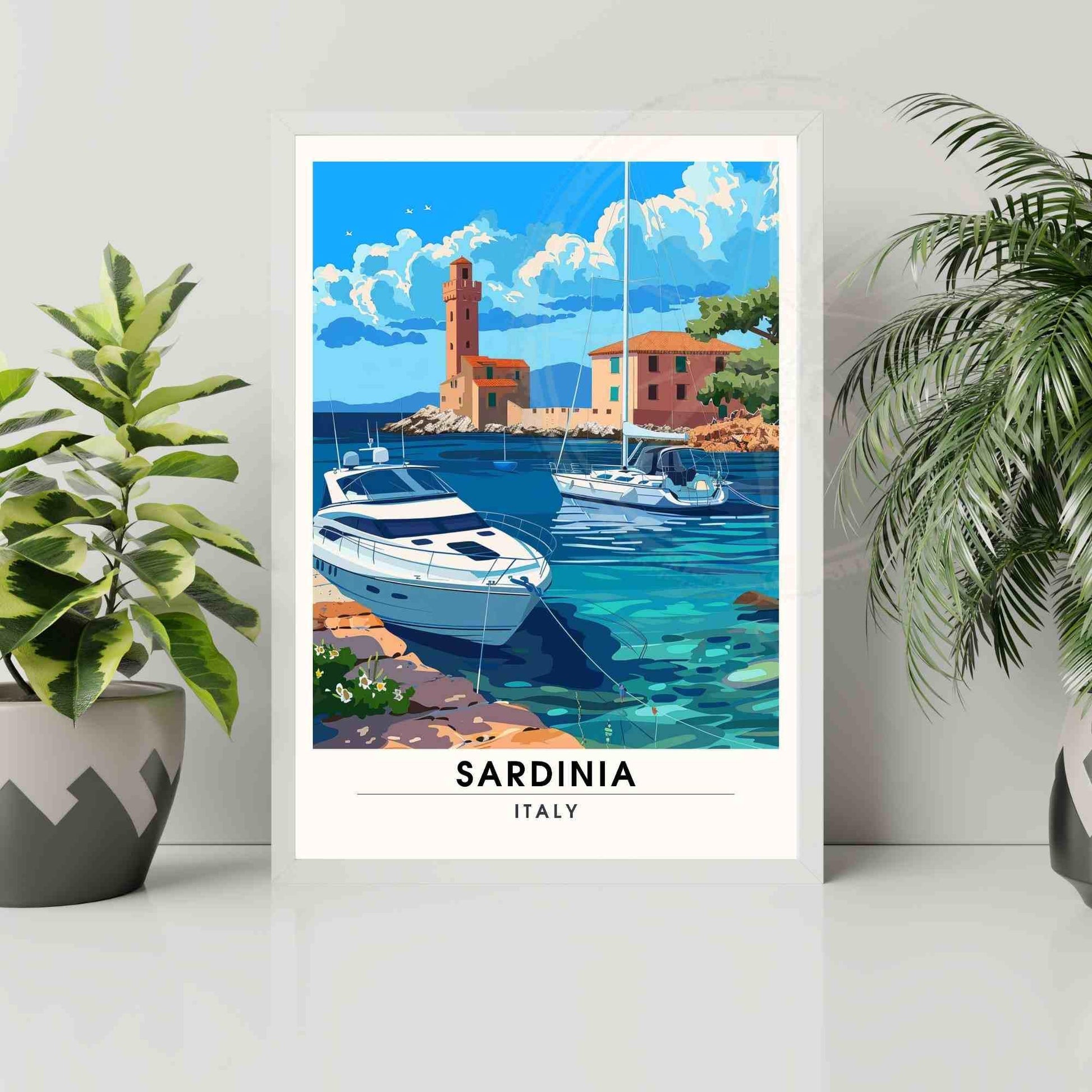 Affiche Sardaigne | Impression Sardaigne, Italie | Affiche de voyage Italie - Vue sur le port