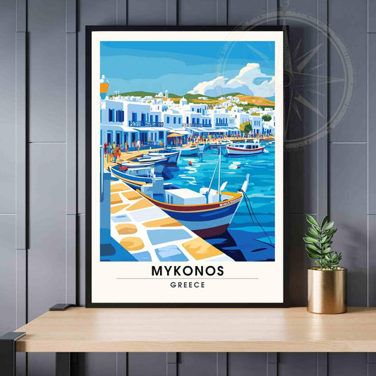 Mykonos travel Poster - Mykonos travel print - Charming marina of Mykonos in Greece