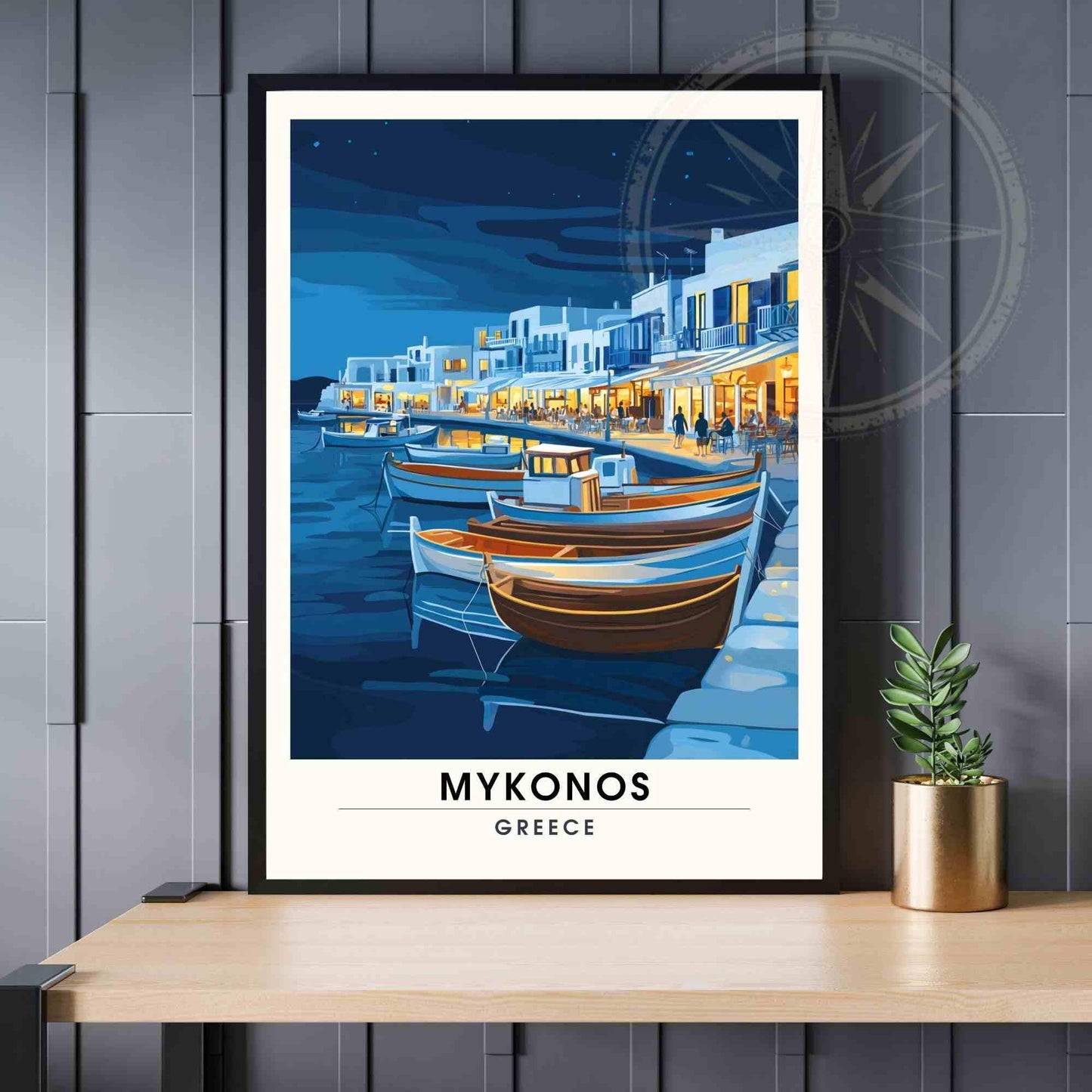 Mykonos Poster - Mykonos travel print - Marina of Mykonos by night