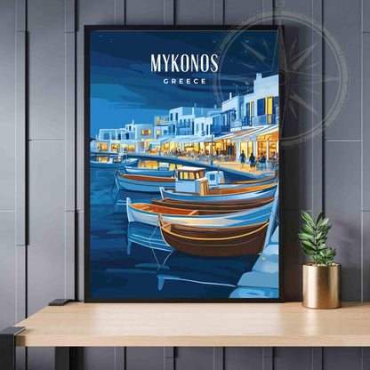 Mykonos Poster - Mykonos travel print - Marina of Mykonos by night