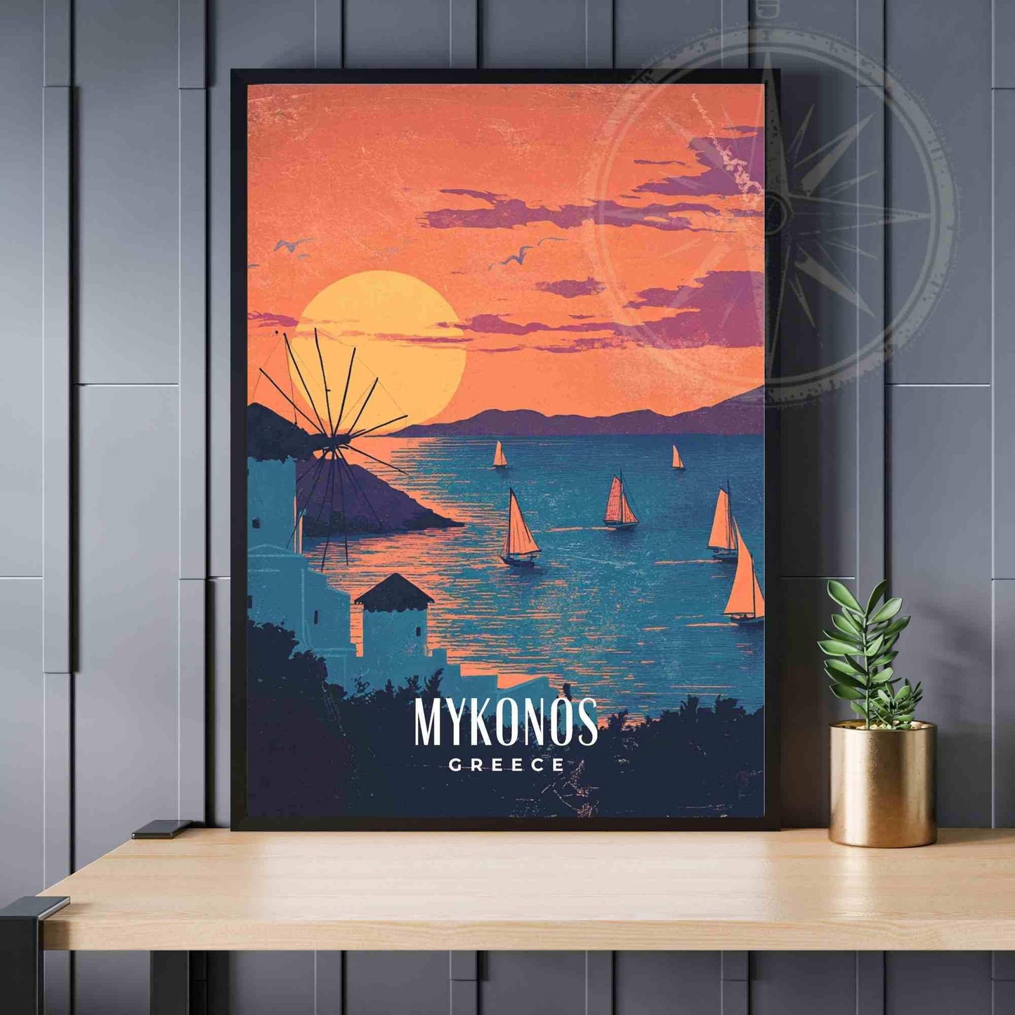 Mykonos Poster - Mykonos vintage print - Greece - Windmills of Mykonos