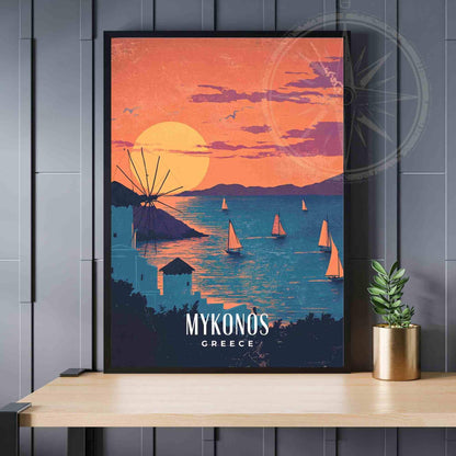 Mykonos Poster - Mykonos vintage print - Greece - Windmills of Mykonos