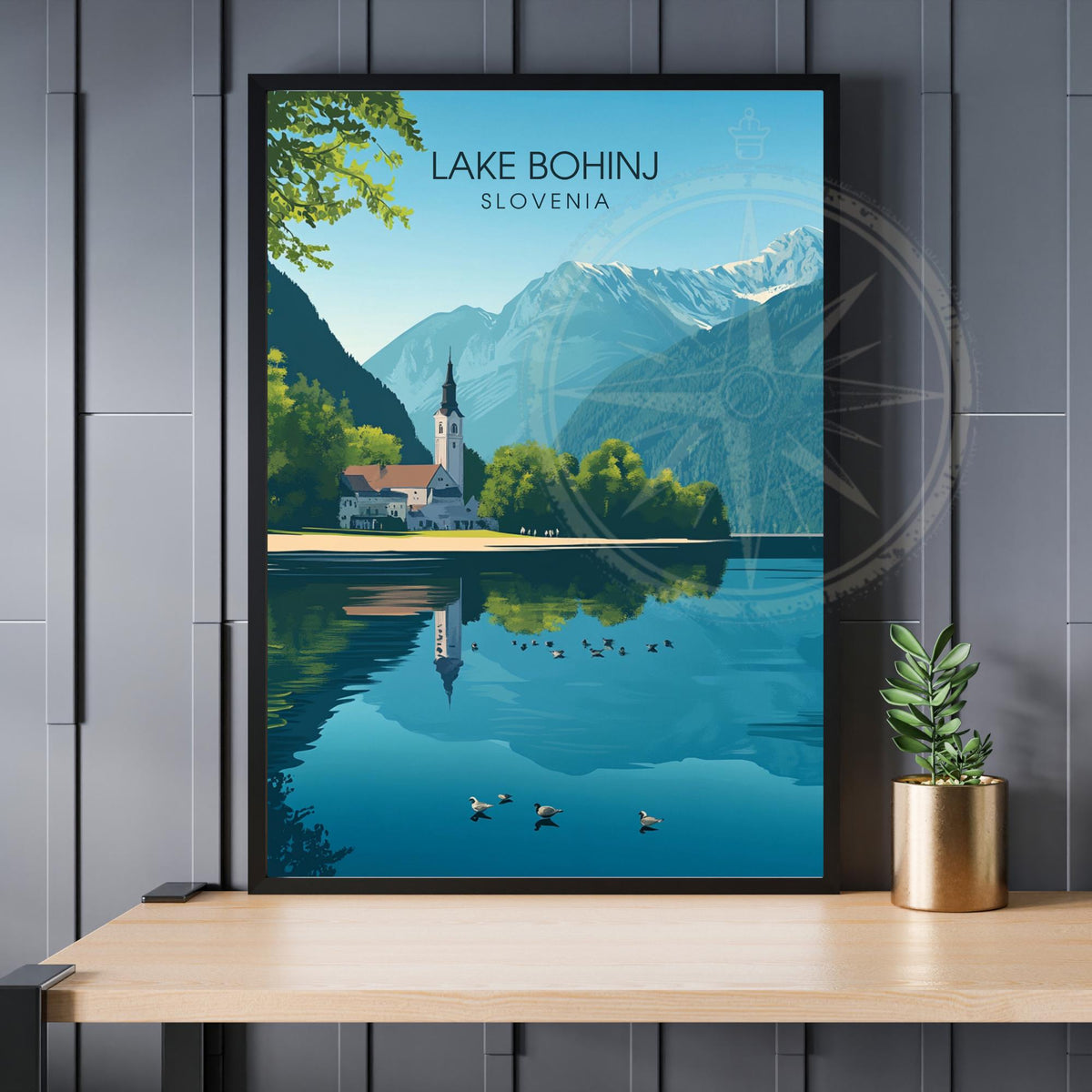 Affiche Lake Bohinj Slovénie avec lac turquoise, église au bord de l’eau, montagnes des Alpes juliennes et reflets calmes