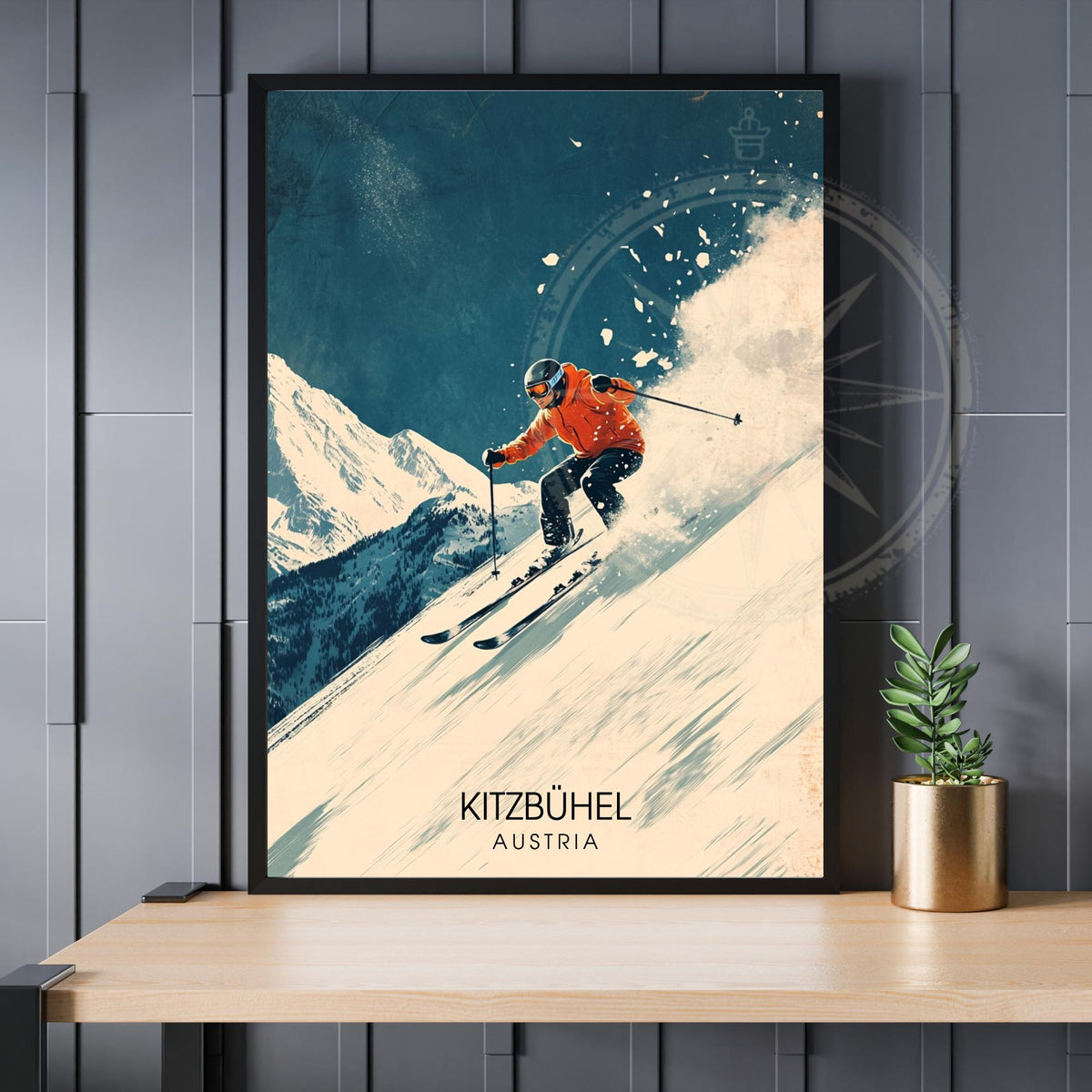 Affiche Kitzbühel Autriche, poster ski vintage, art mural Alpes et poudreuse