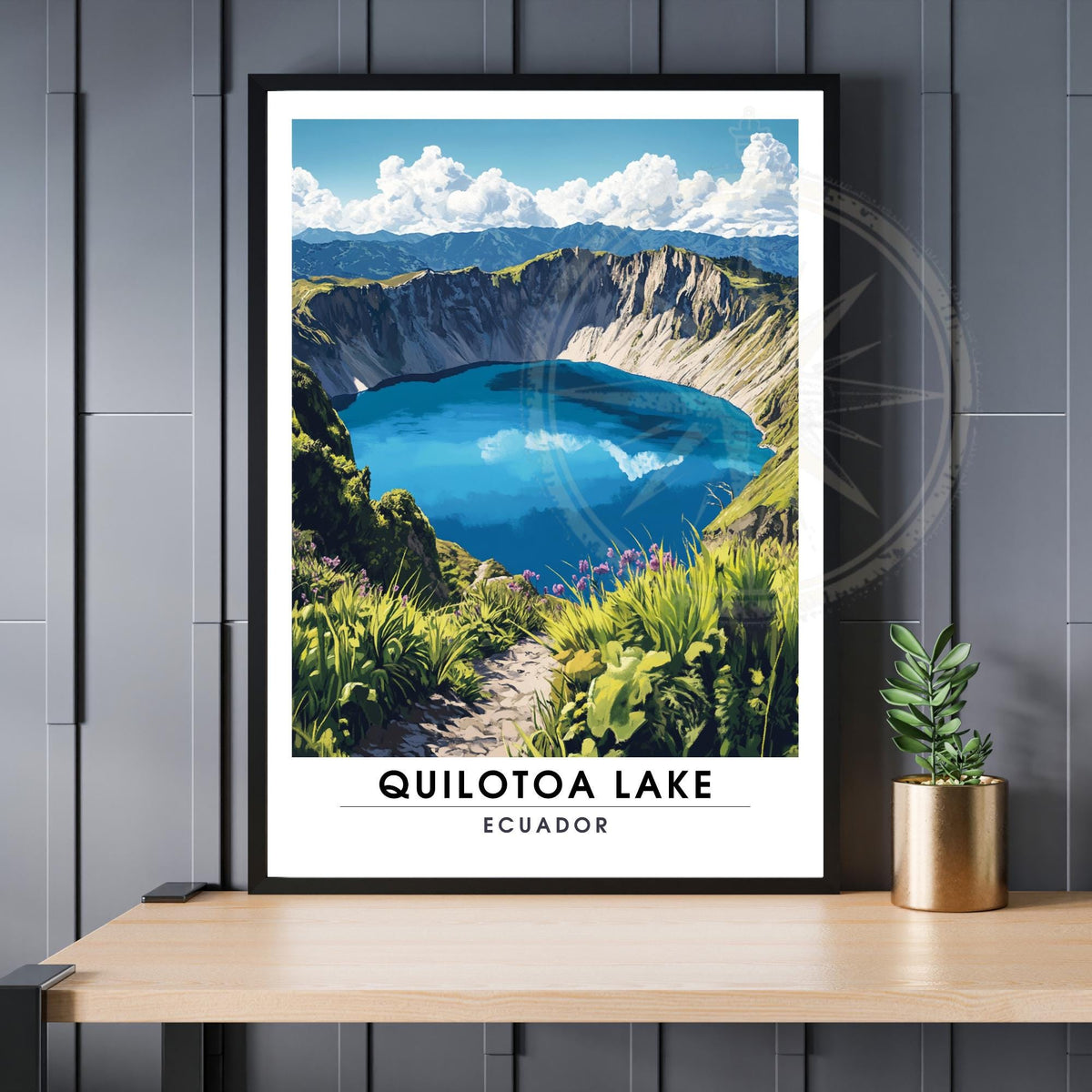 Poster de voyage Équateur représentant la Laguna Quilotoa avec eau bleue, falaises et végétation andine