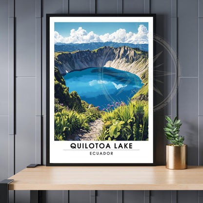 Poster de voyage Équateur représentant la Laguna Quilotoa avec eau bleue, falaises et végétation andine