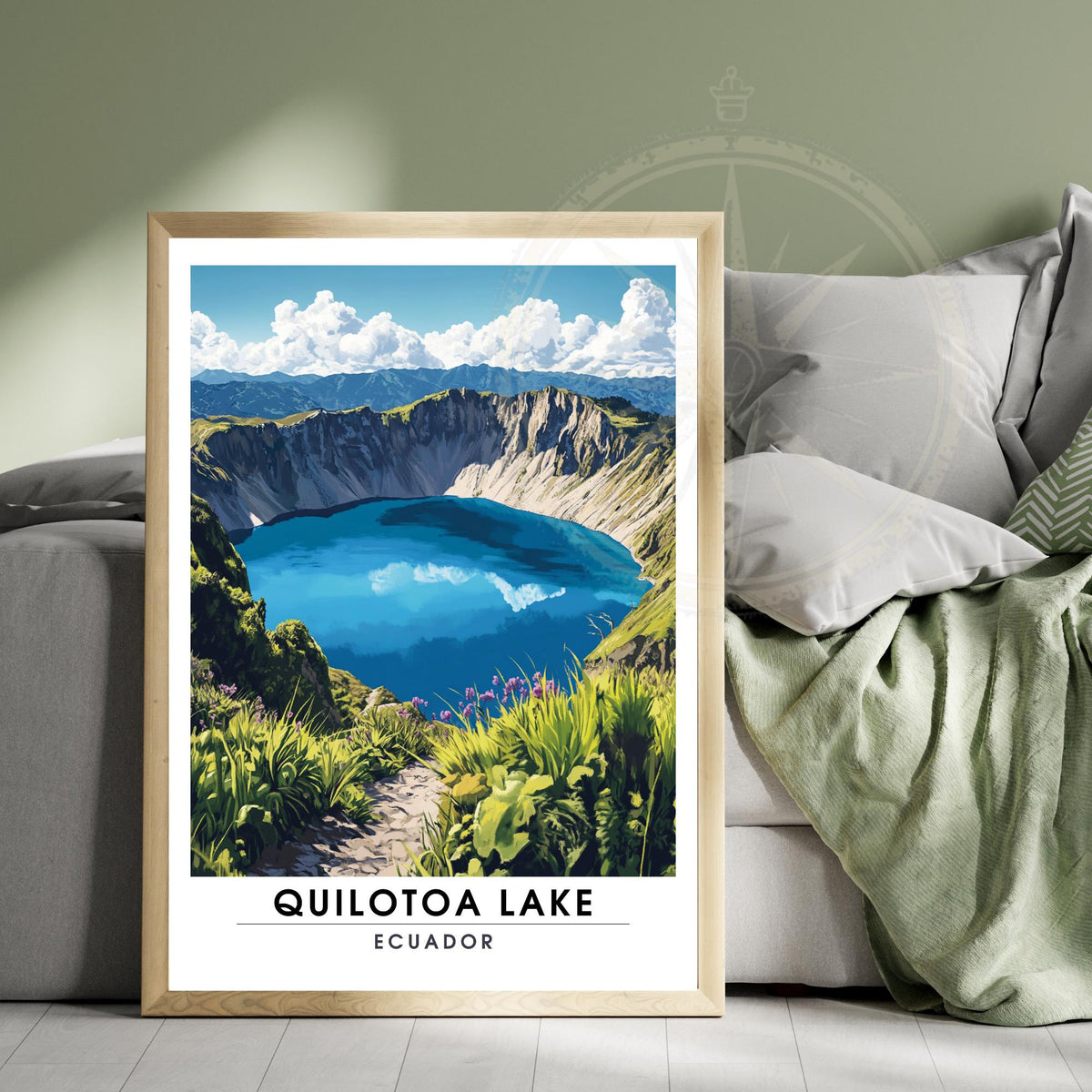 Affiche nature des Andes avec lac de cratère turquoise, montagnes et ciel lumineux