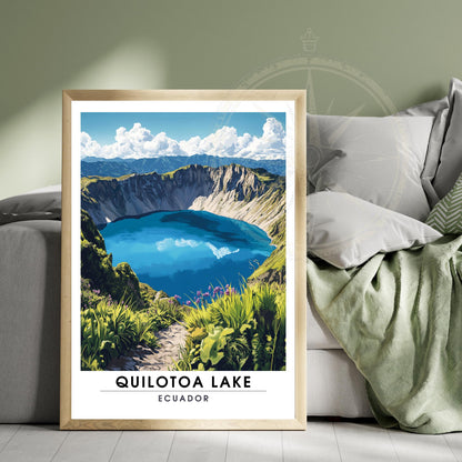 Affiche nature des Andes avec lac de cratère turquoise, montagnes et ciel lumineux